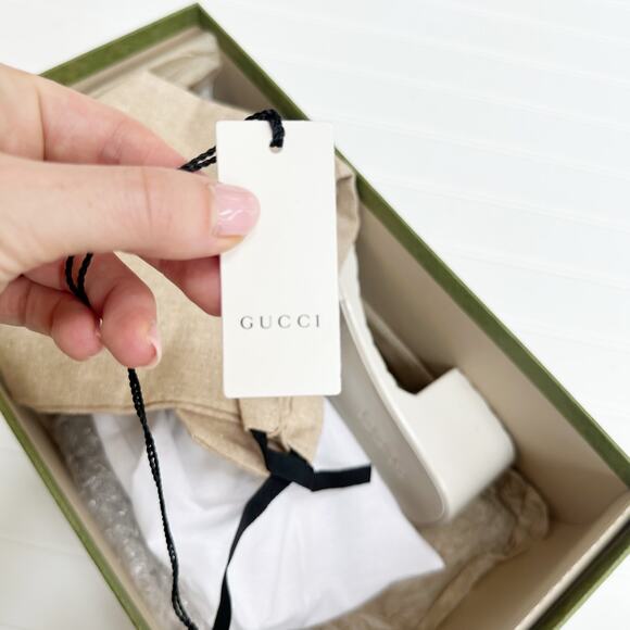 Gucci Rubber Logo Sandals Plastique White PVC Glossy Mule Platform Slide 41 - Picture 12 of 13